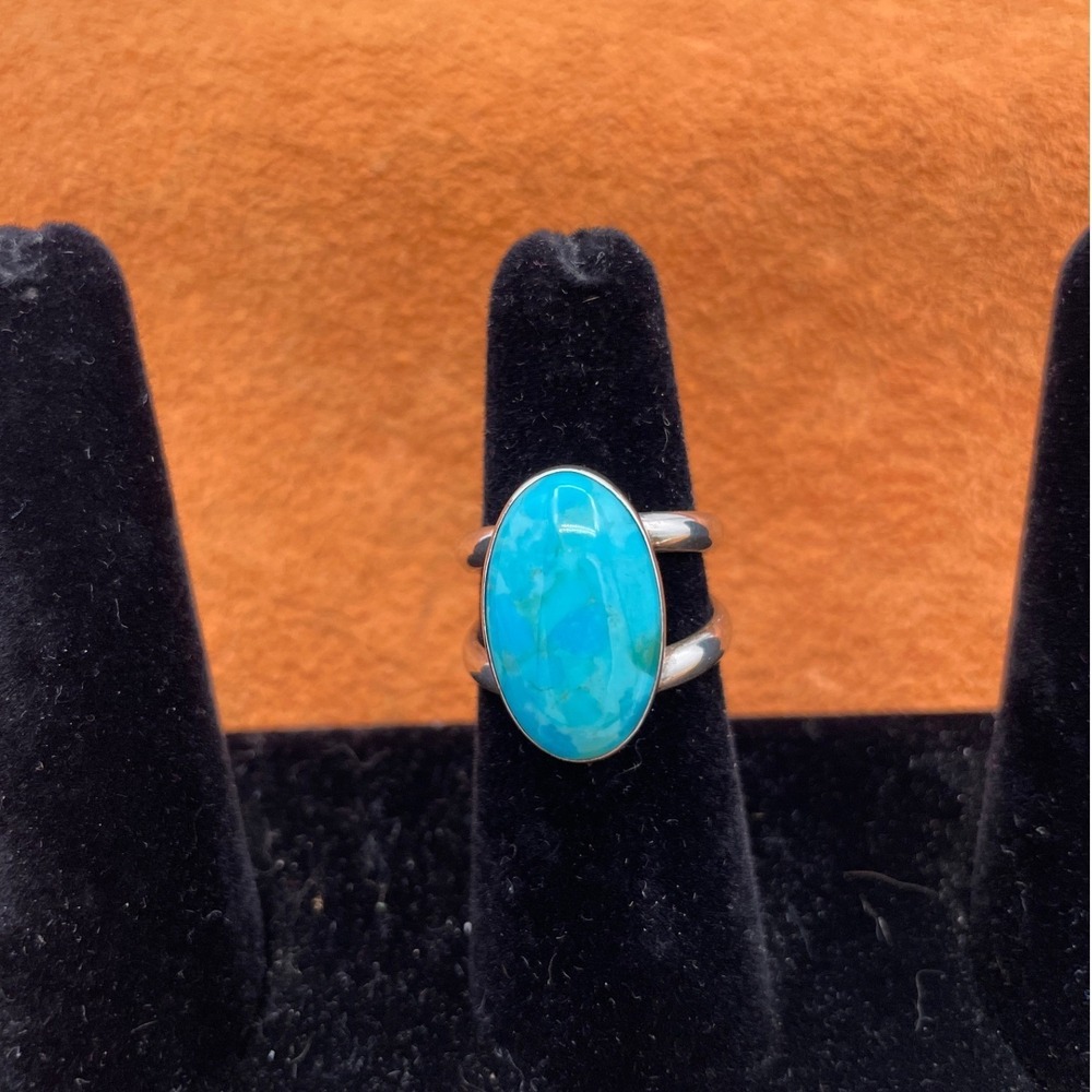 Sterling Silver Women's Minimalist Turquoise Size 7.5 Oval Statement Ring - Picture 5 of 5